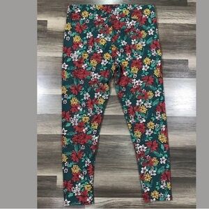 LuLaRoe Green Christmas Poinsettia Leggings Tall & Curvy 2 Women’s Plus 18 -26